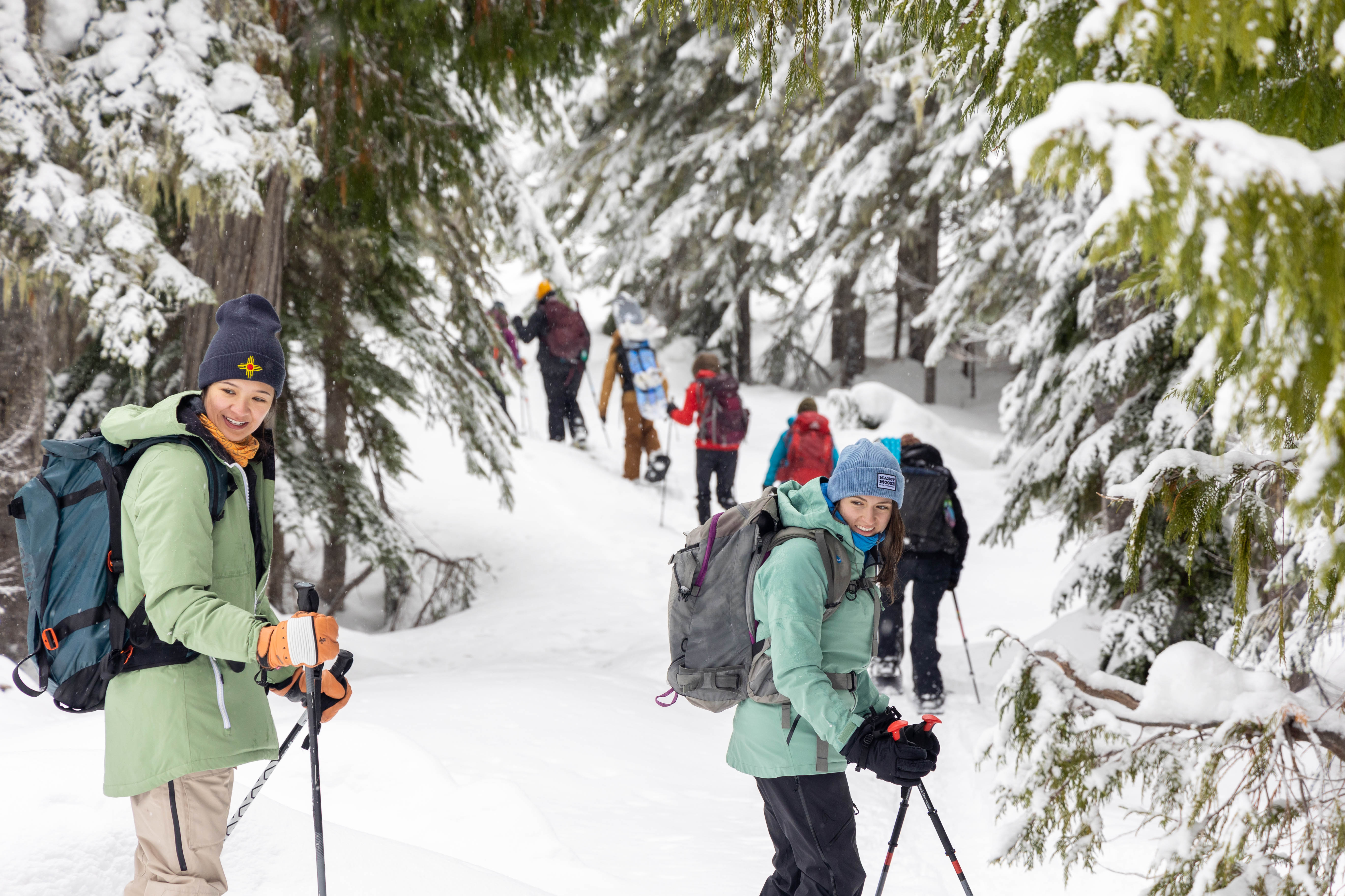 A group of youth ski together in snowy woods