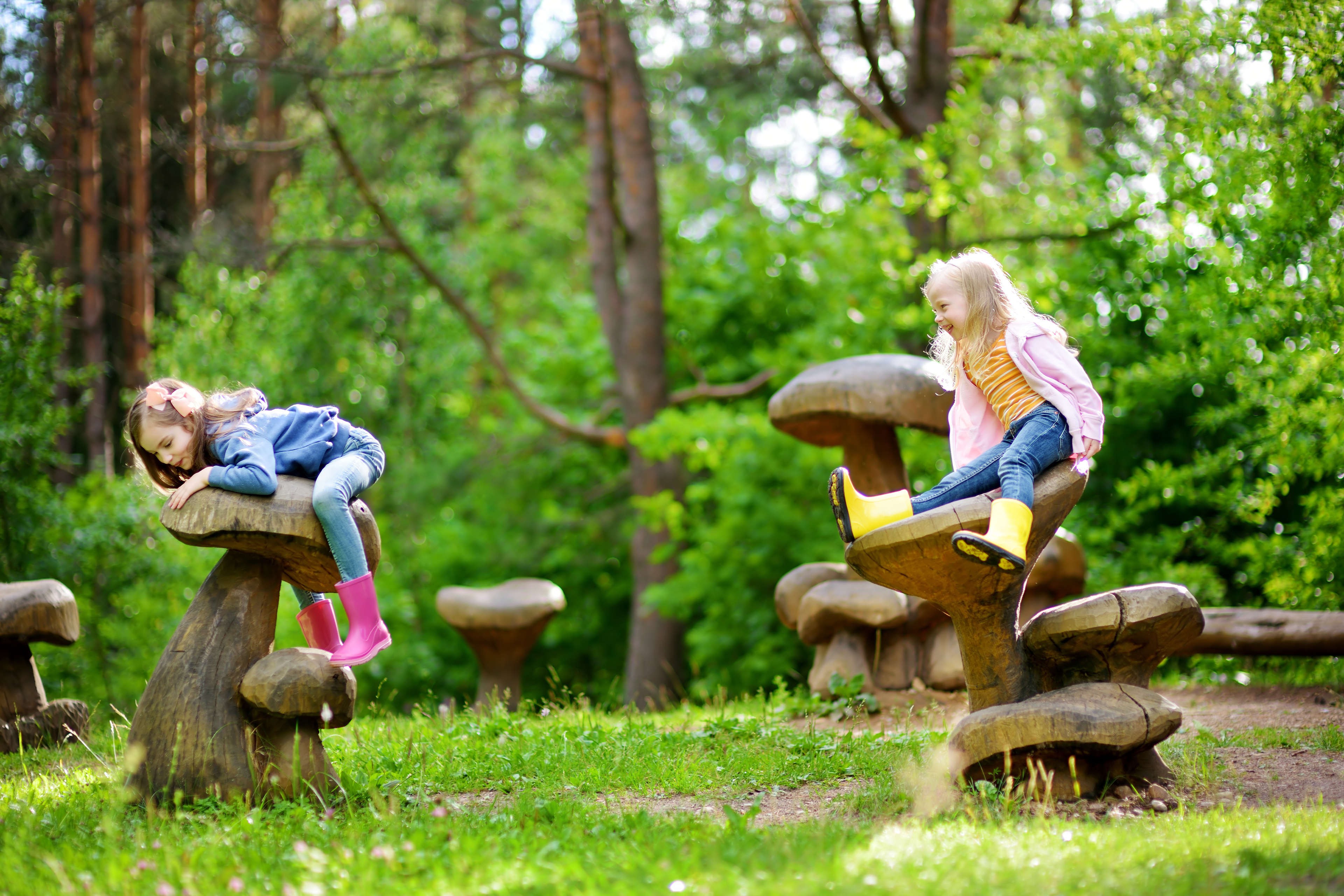 Two kids play on a natural playscape