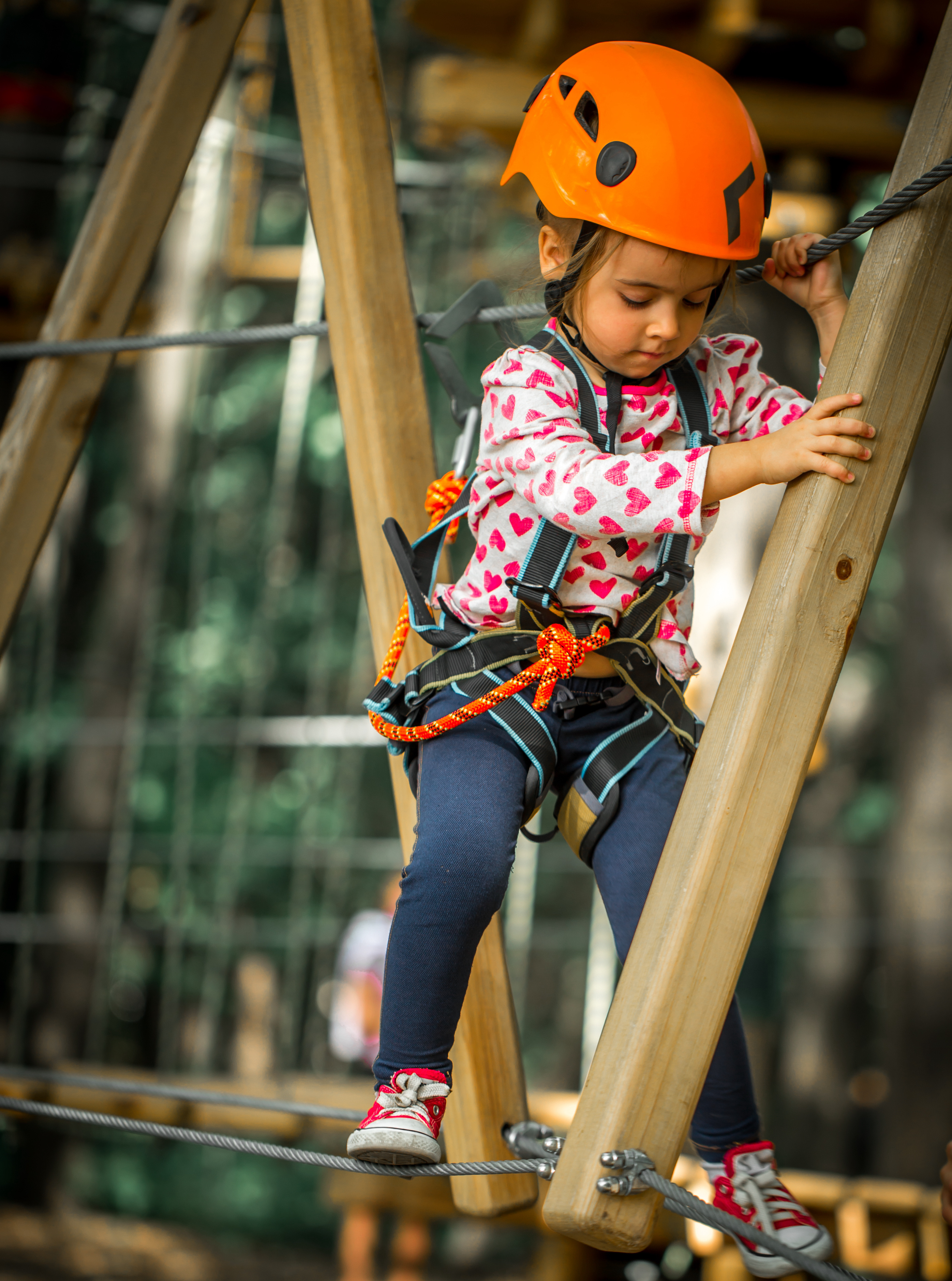 a child navigates a ropes course