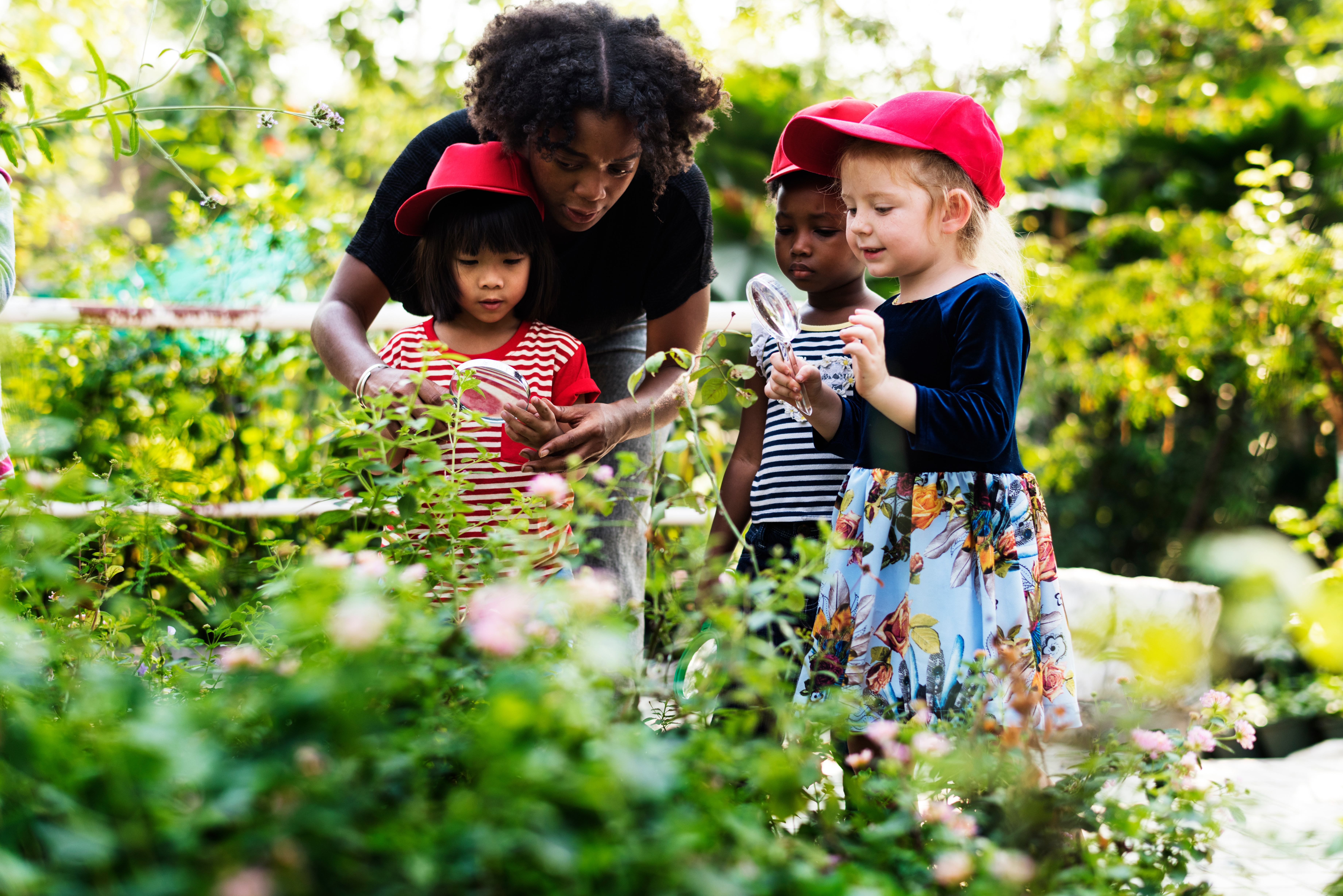 kids explore a garden