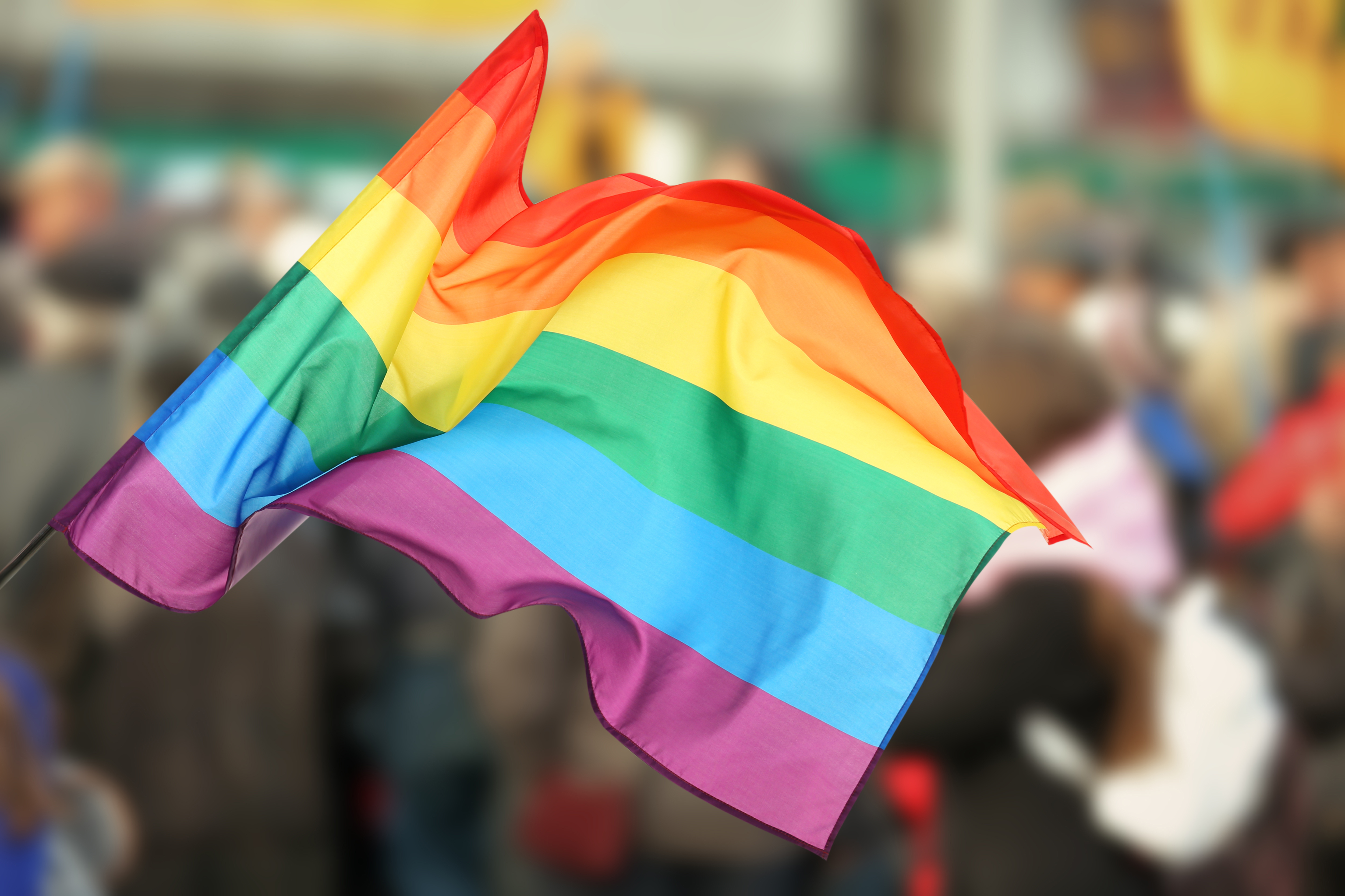 a rainbow pride flag waves in the wind