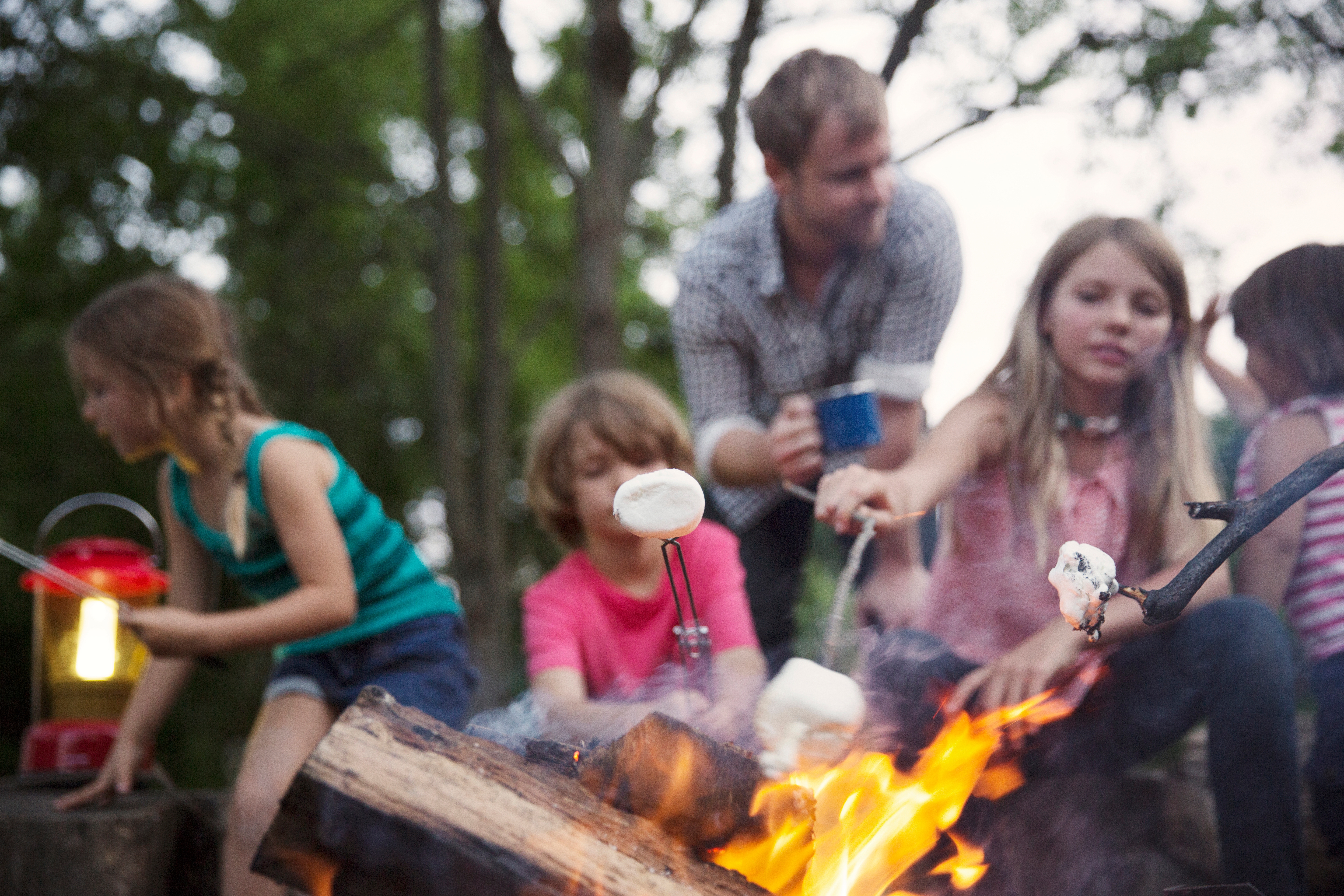 A group of children and adults roast marshmallows over a fire