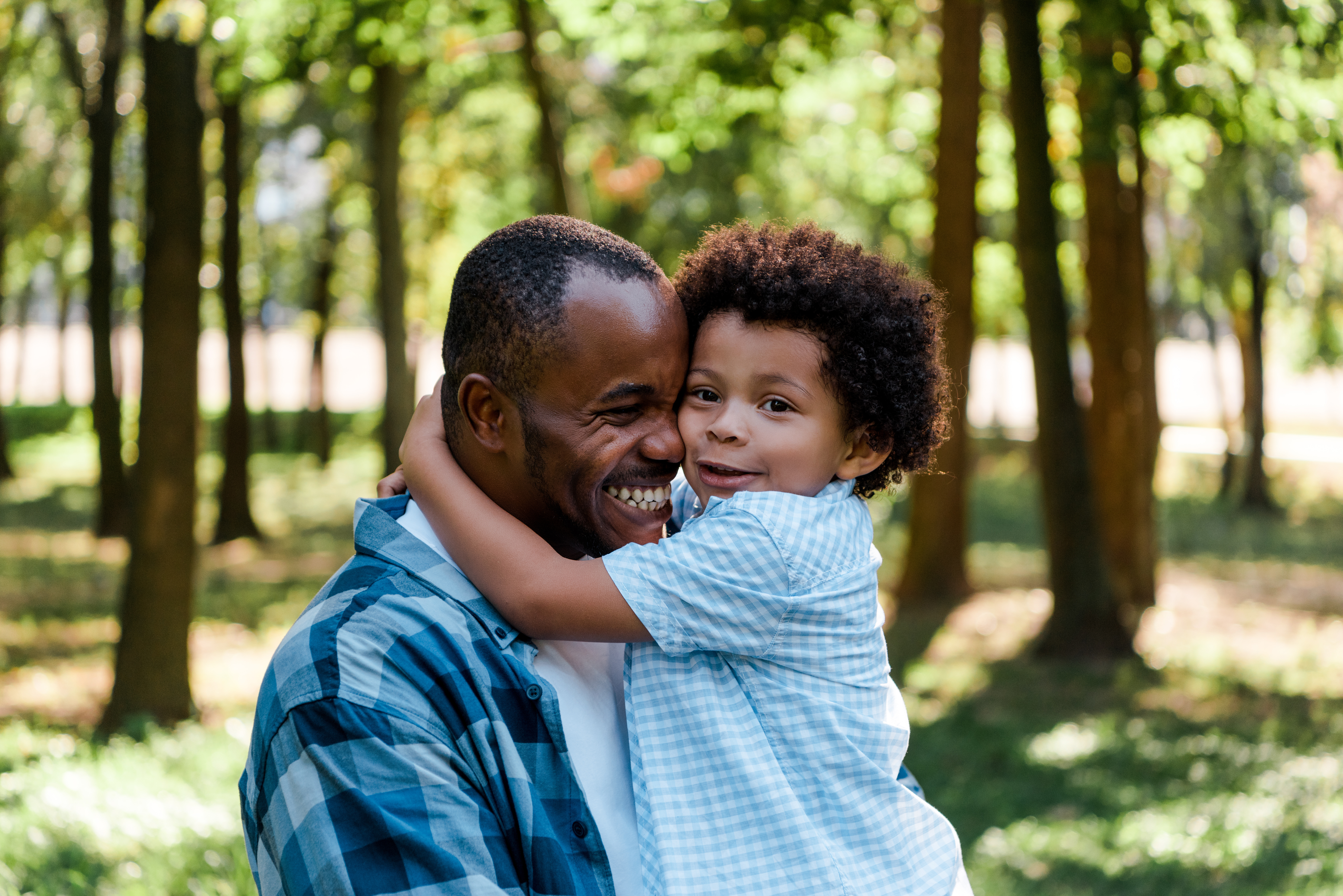 A man and child embrace under a grove of trees