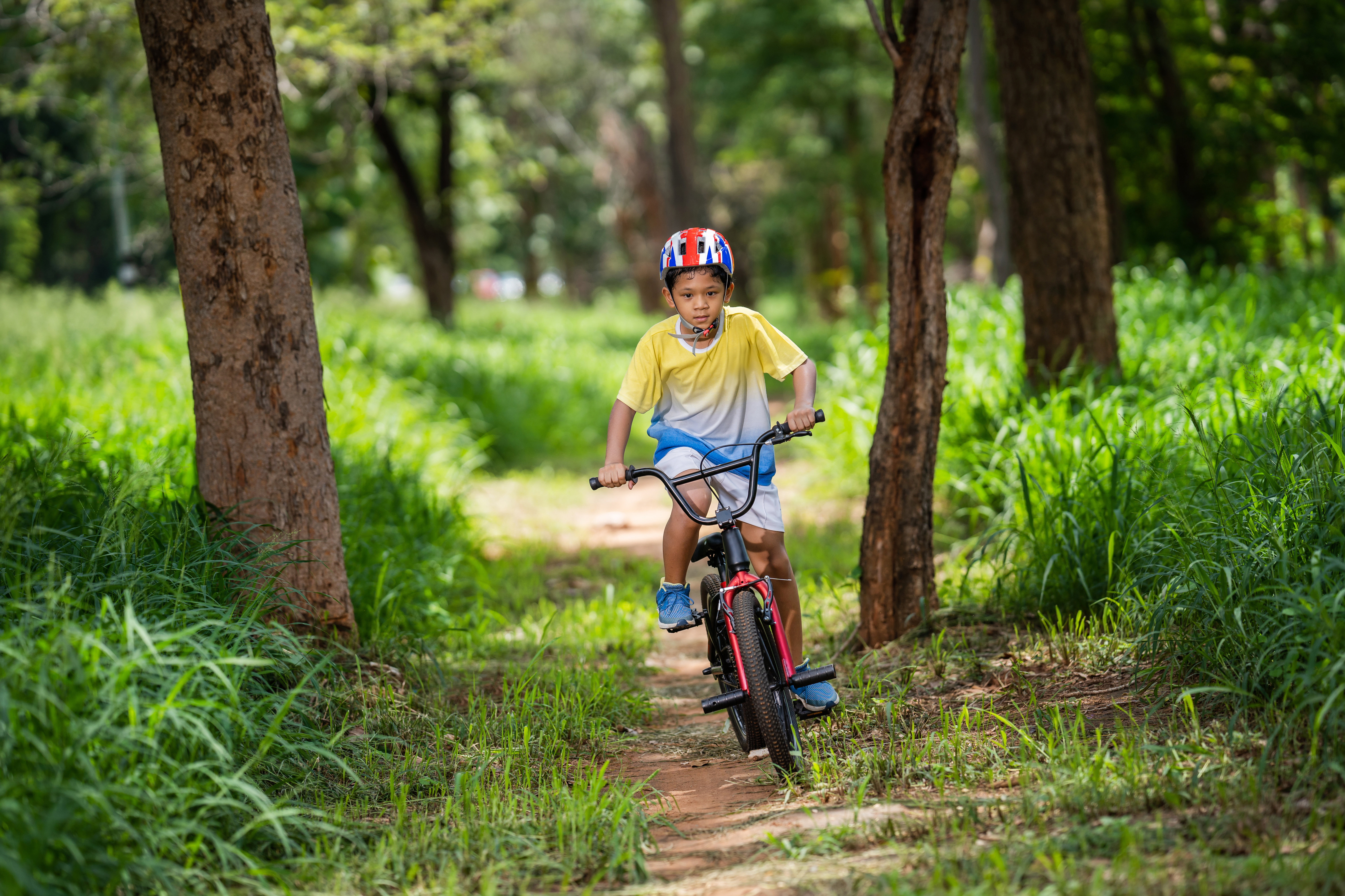 A child rides their bike on a trail through the woods