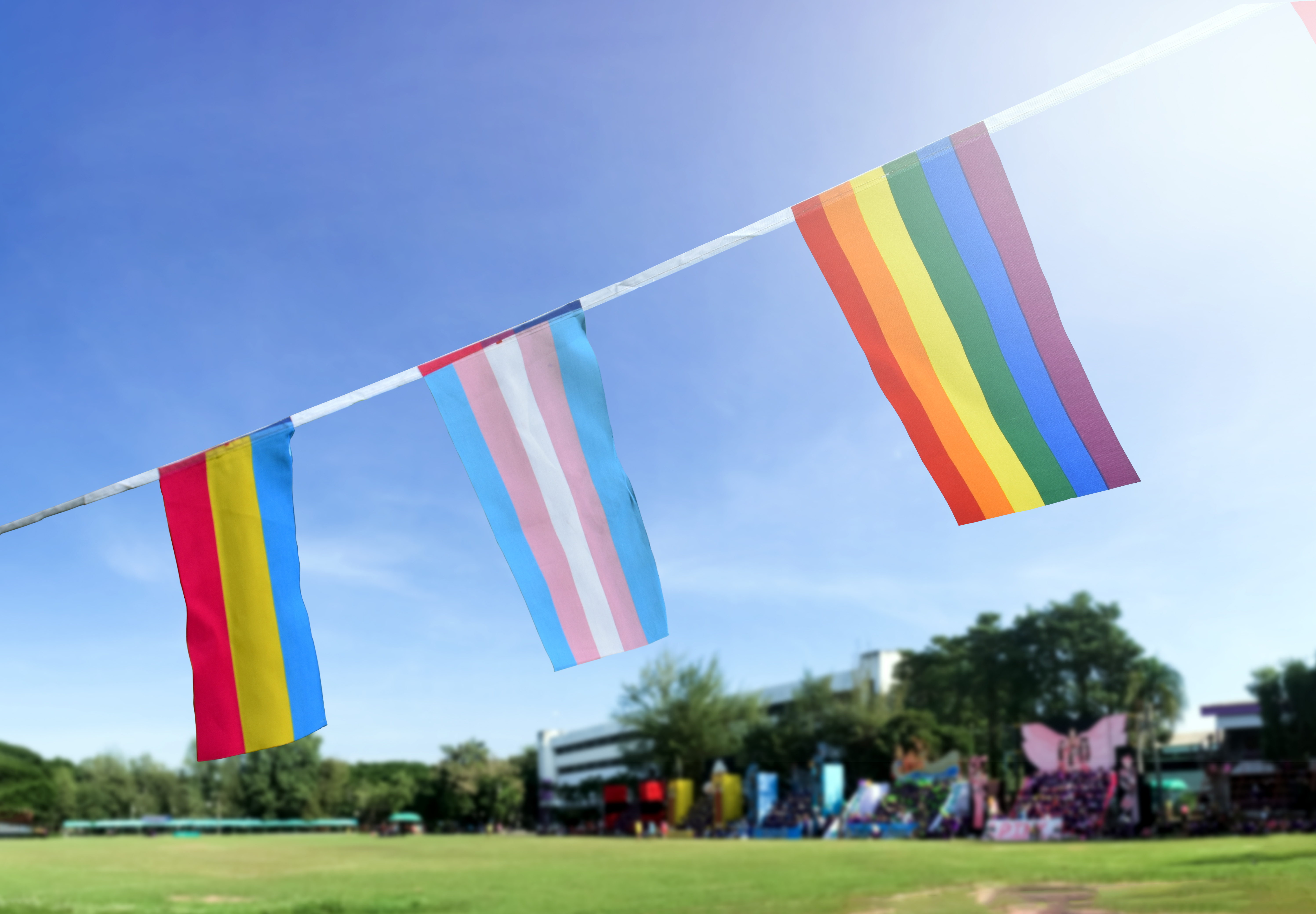 Pride flags hang from a string outdoors