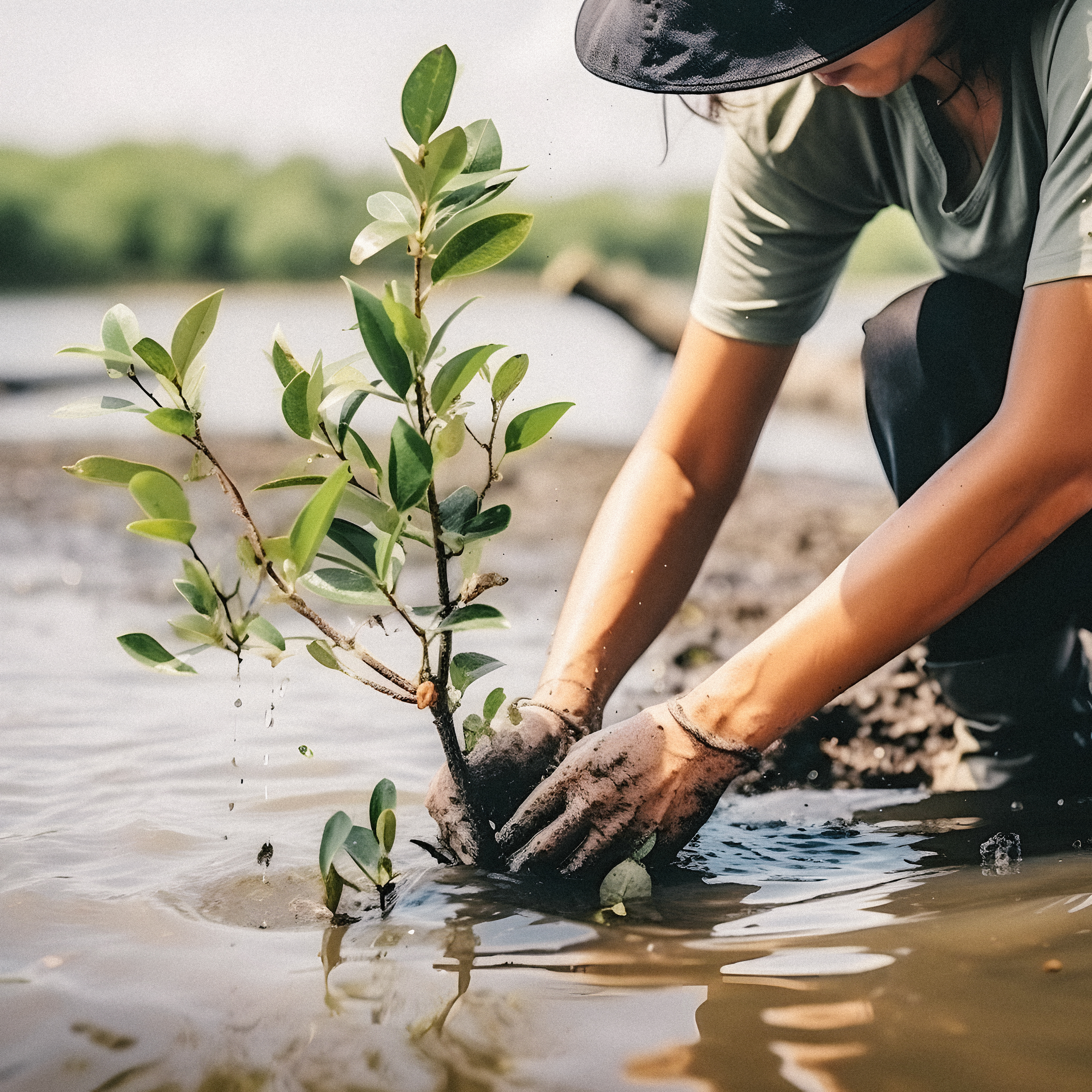 A young person plants a small tree in muddy ground