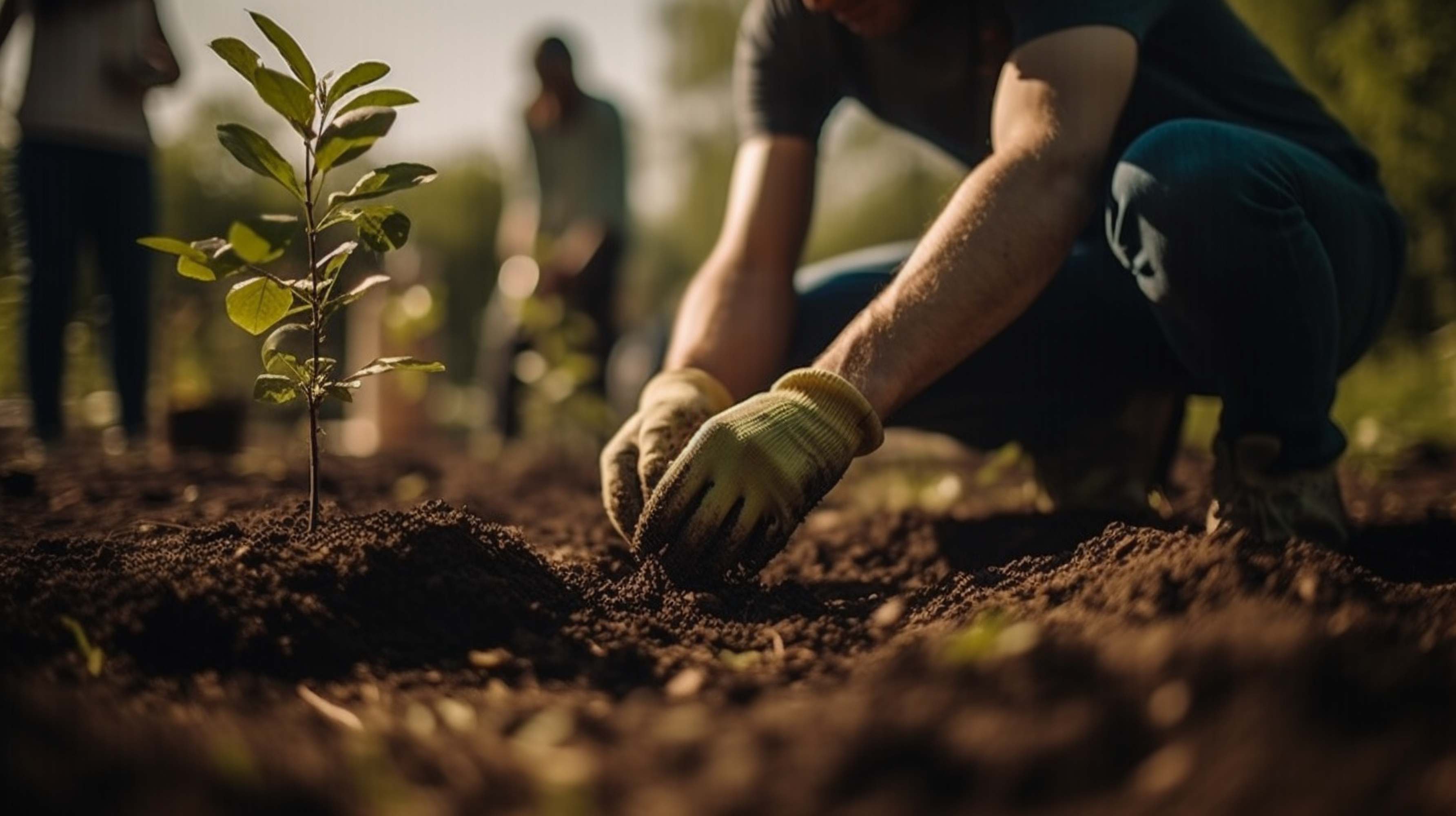 Two hands plant a tree in the ground